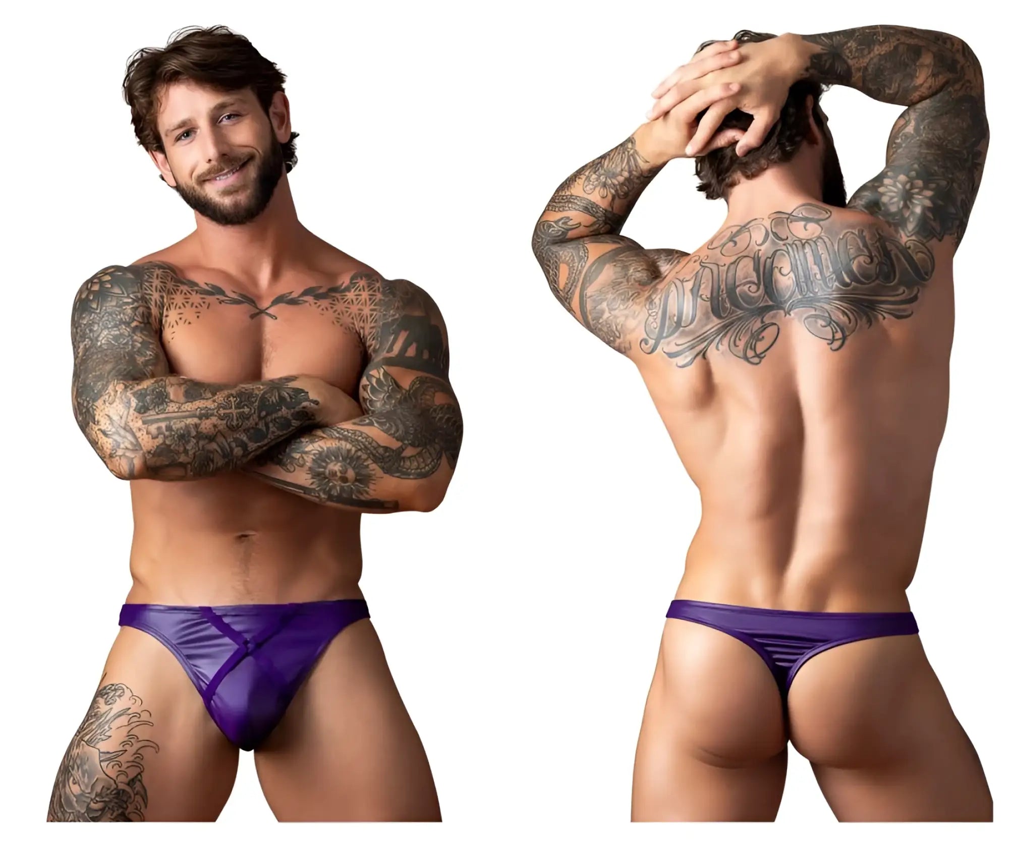Male power 447-302 eggplant crossover thong in plum purple satin with a sleek shiny finish and diagonal seam design