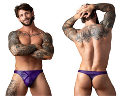 Male power 447-302 eggplant crossover thong in plum purple satin with a sleek shiny finish and diagonal seam design
