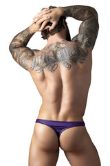 Purple satin Male Power 447-302 eggplant crossover thong with sleek shiny finish and plum color