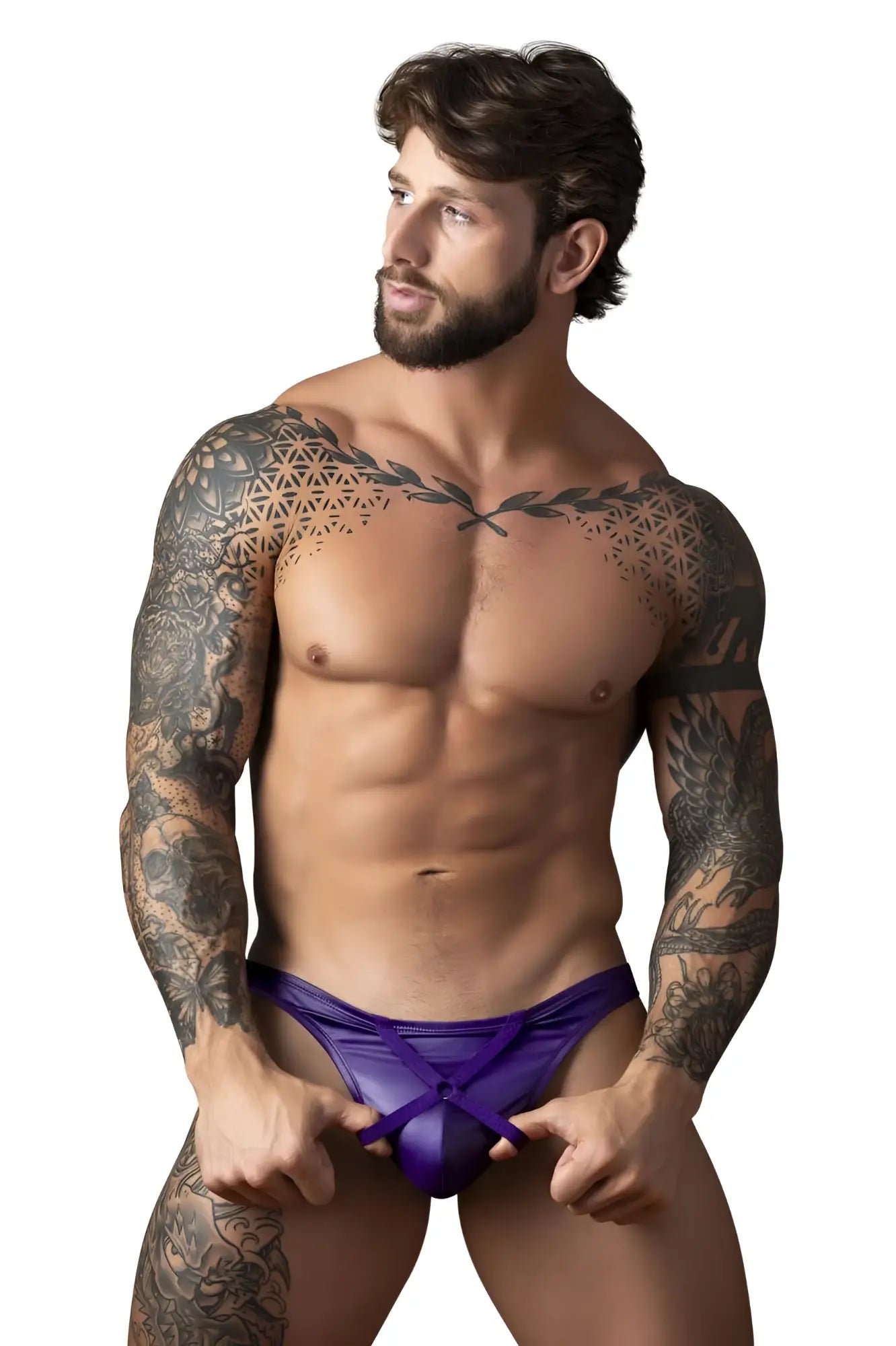 Male power 447-302 eggplant crossover thong in plum satin with a front tie closure designed for men