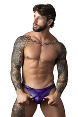 Male power 447-302 eggplant crossover thong in plum satin with a front tie closure designed for men