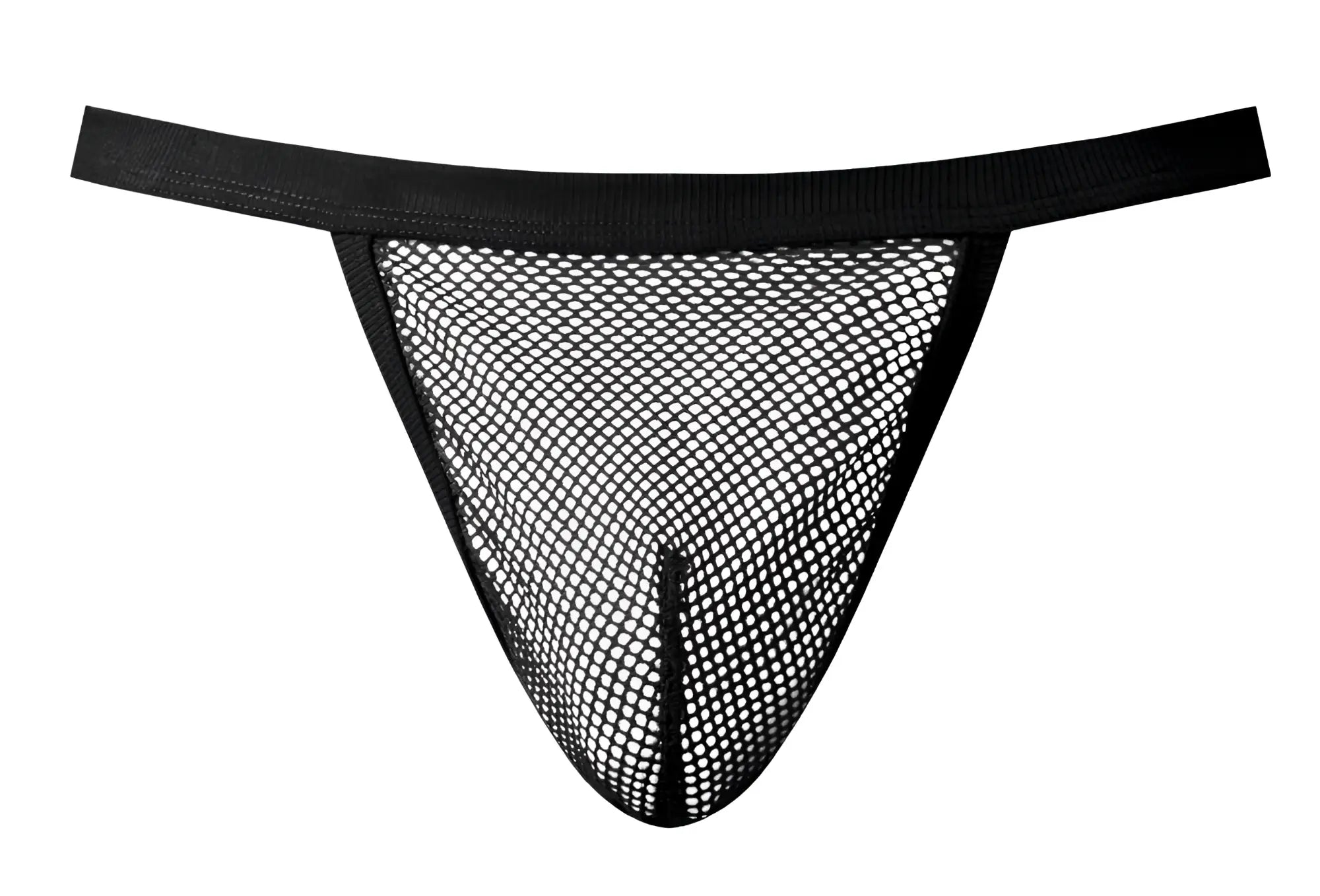 Black mesh thong male power 449-11c fishnet g-string with solid elastic waistband shown from the front