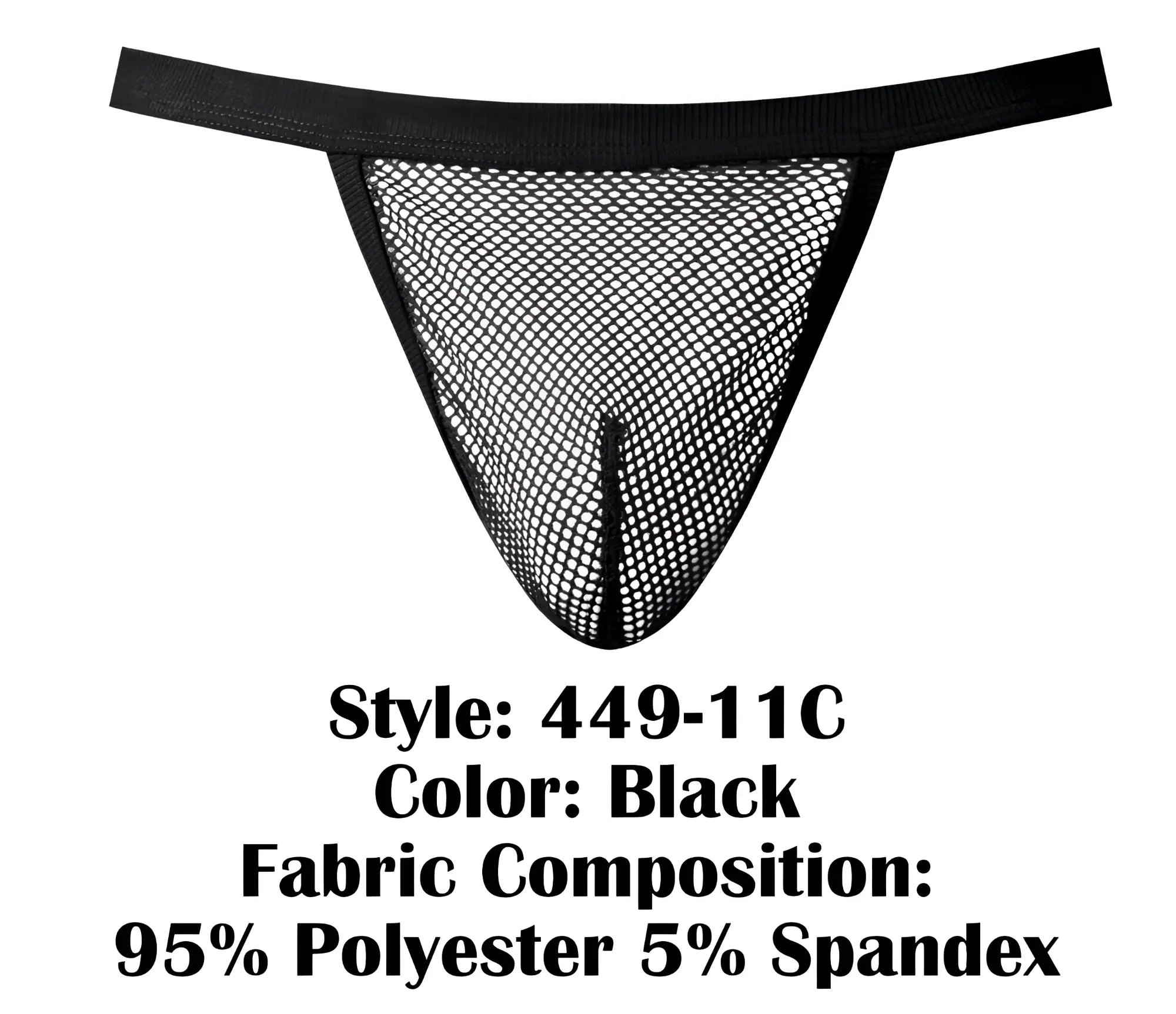 Black mesh thong with solid black waistband made of 95 polyester 5 spandex from male power 449-11c fishnet g-string