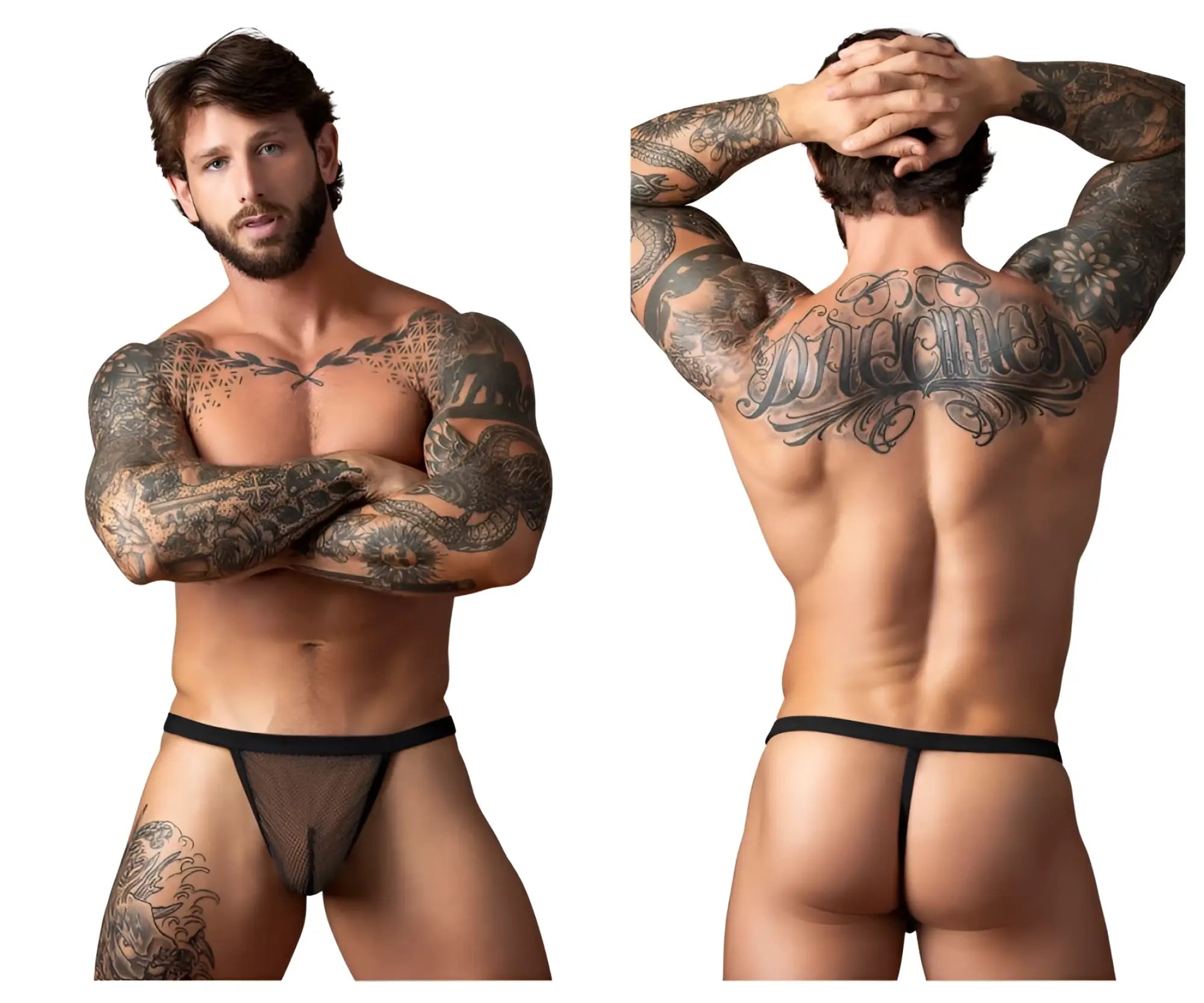 Male power 449-11c fishnet black mesh thong with solid black waistband designed as a male g-string