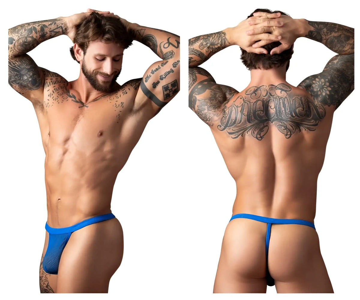 Male power 449-11c fishnet 2 g-string royal blue mesh thong showing front view