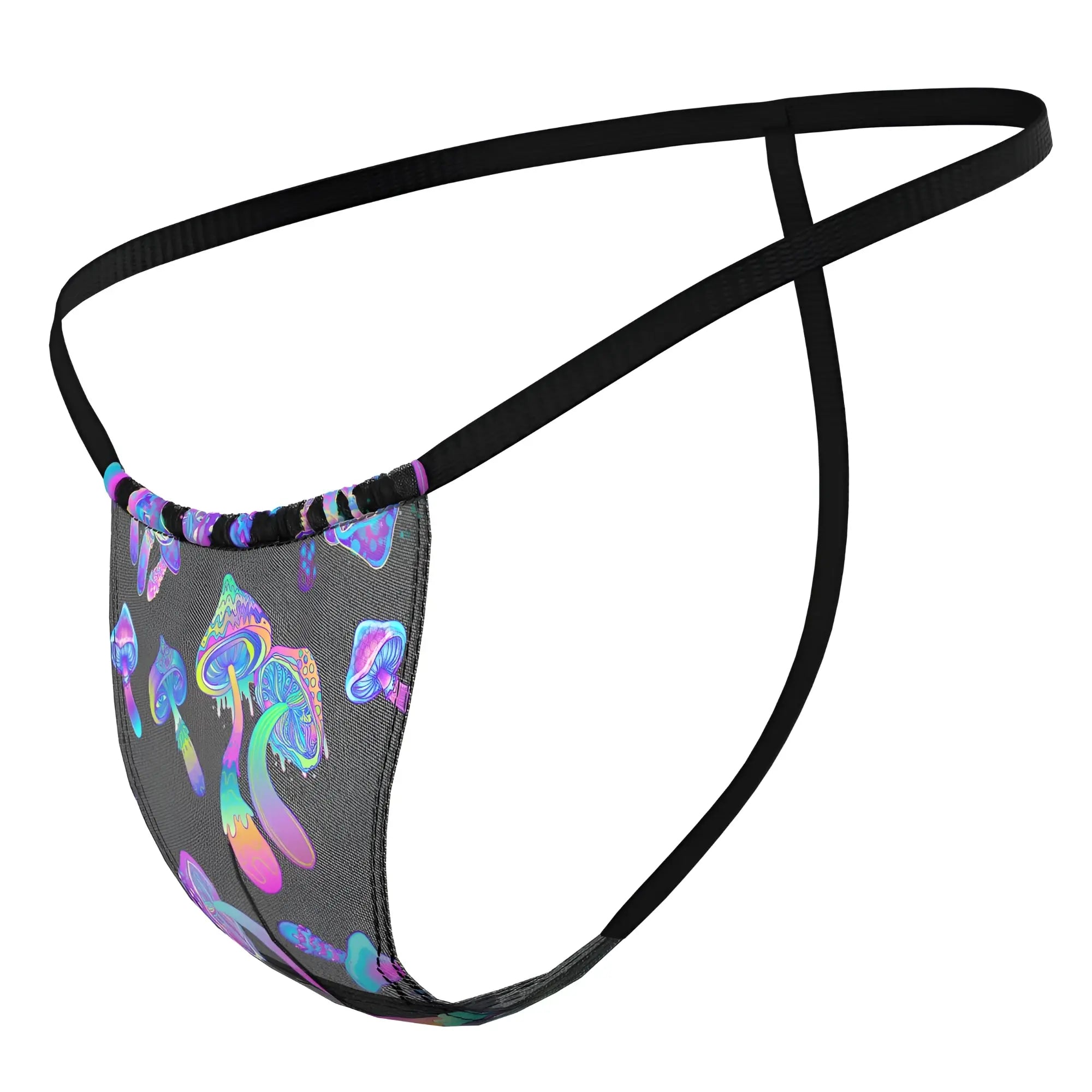 Black mesh thong male power 450-294 hazy dayz posing strap with vibrant iridescent purple blue pink mushroom pattern