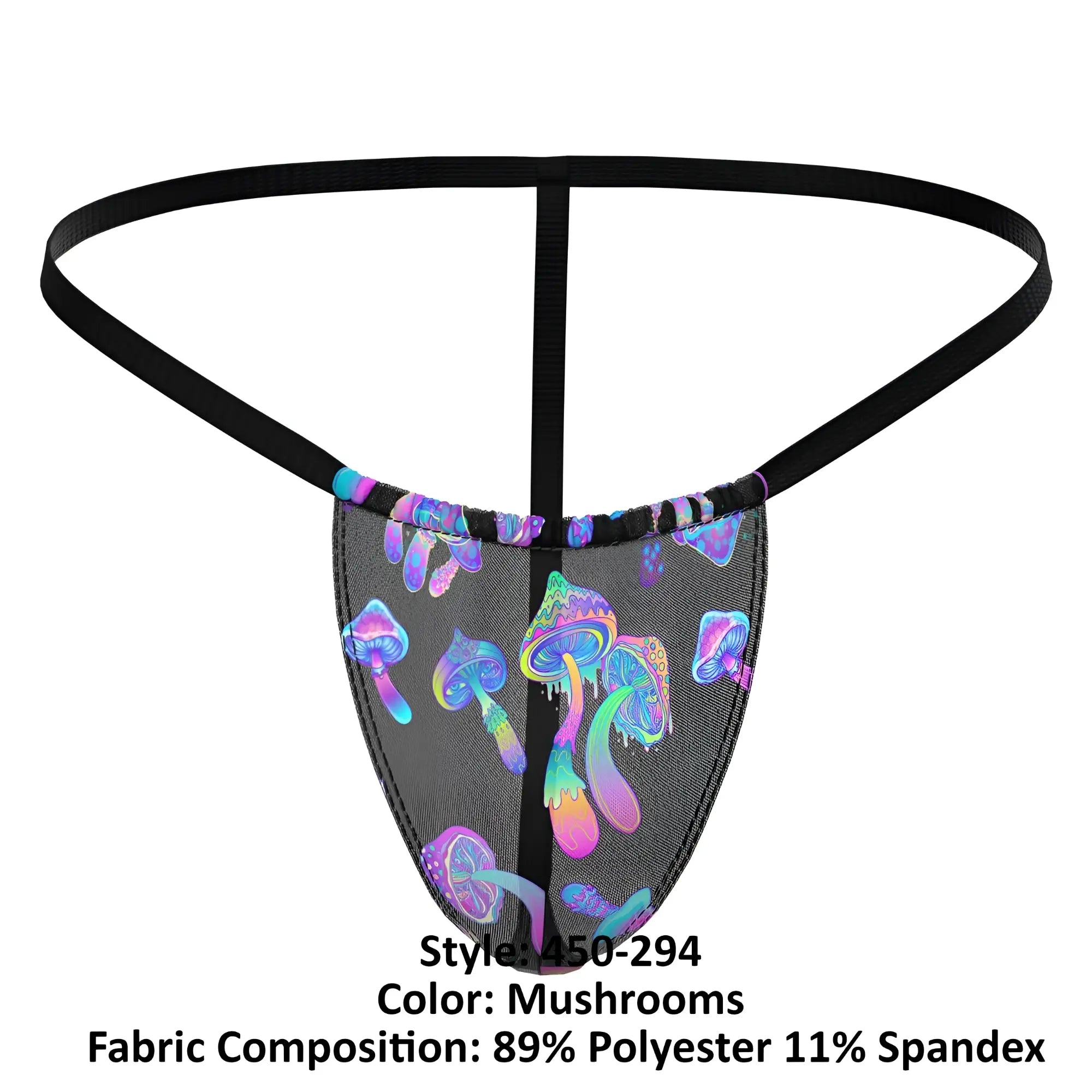 Black mesh thong with vibrant purple blue and pink iridescent mushroom pattern from Male Power 450-294 hazy dayz posing strap