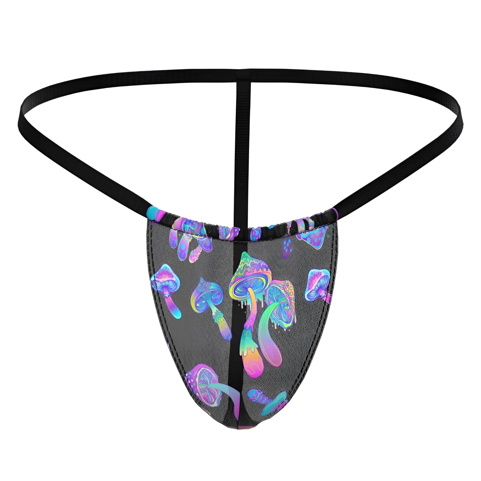 Black mesh thong male power 450-294 hazy dayz posing strap with iridescent purple blue pink mushroom pattern