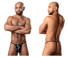 Male power 450-294 hazy dayz posing strap black thong with vibrant blue purple and green floral pattern front view