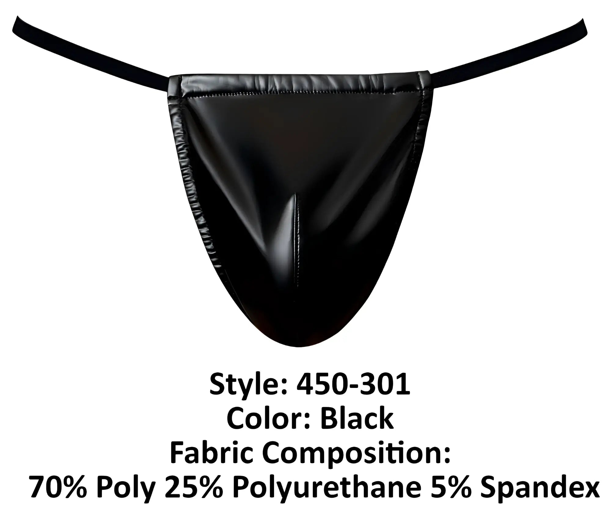 Black glossy faux leather male power 450-301 liquid onyx 2.0 g-string with thin elastic straps and central seam detail