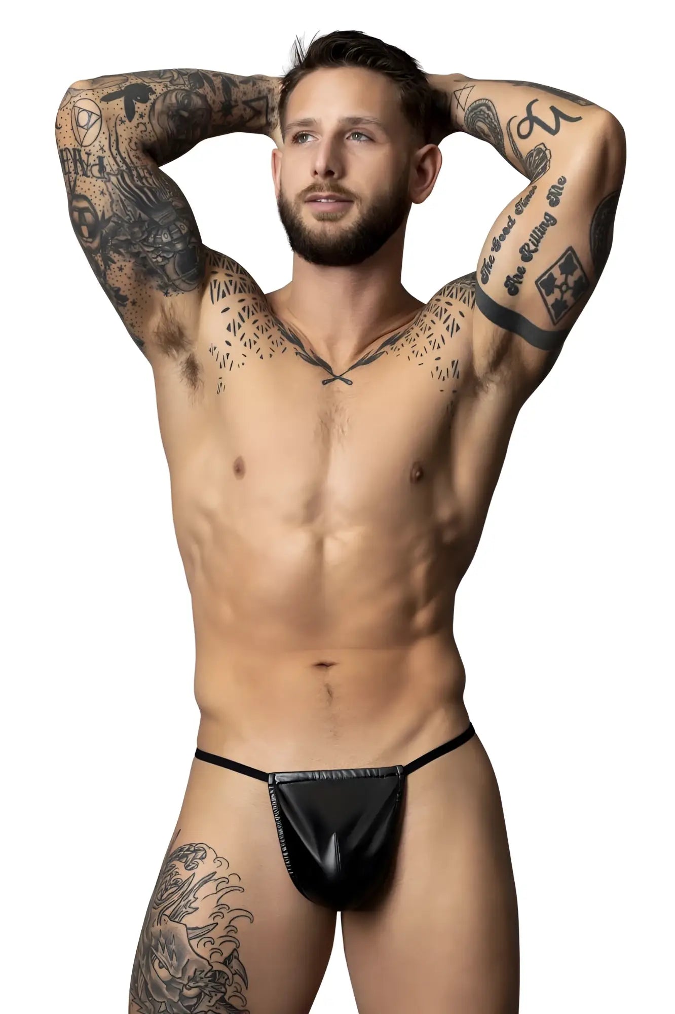 Black leather thong with central zipper closure from male power 450-301 liquid onyx 2.0 g-string in black color