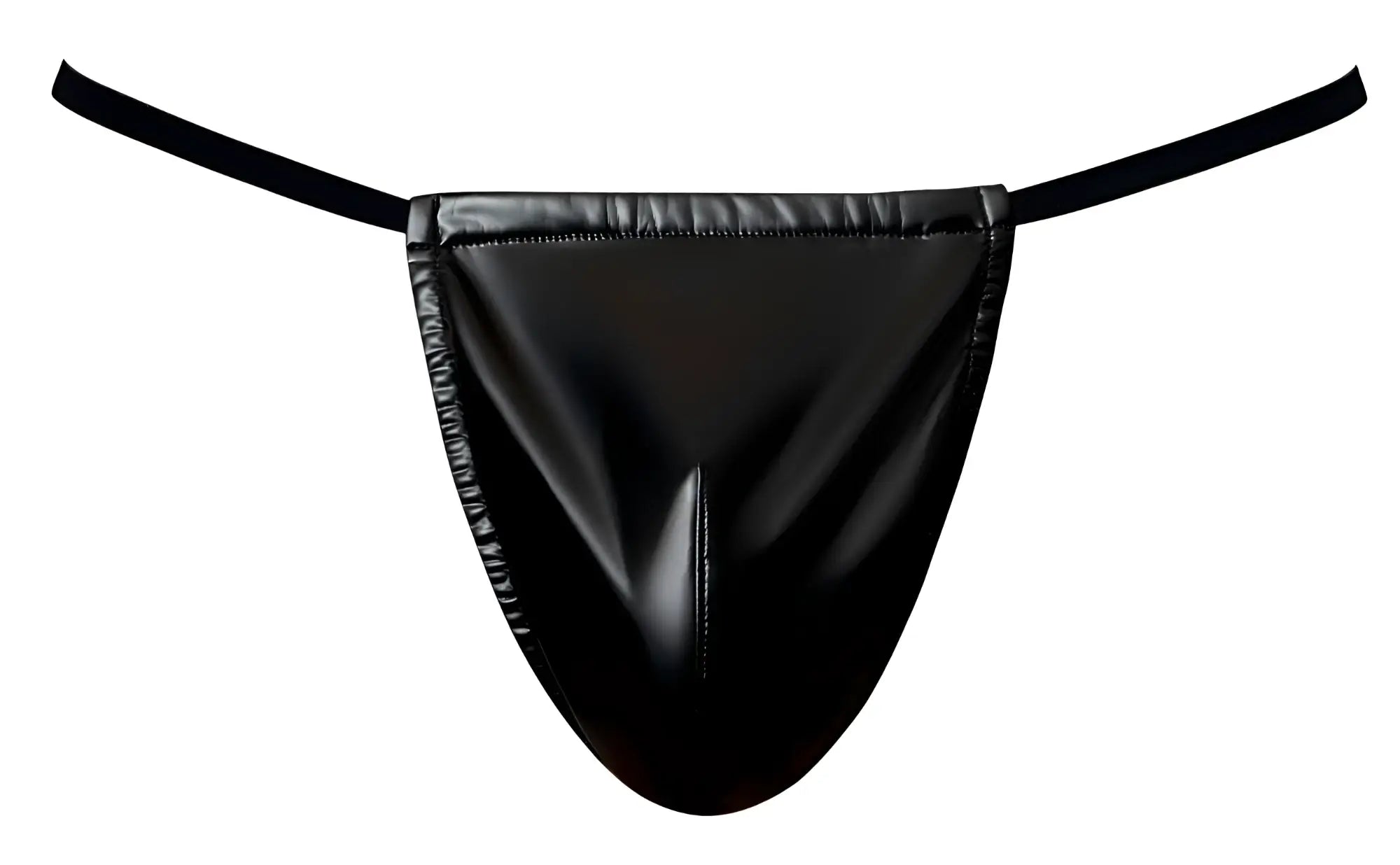 Male Power 450-301 Liquid Onyx 2.0 black patent leather thong with thin elastic straps shown from the back side