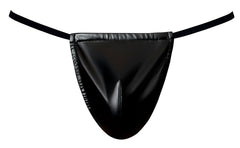 Male Power 450-301 Liquid Onyx 2.0 black patent leather thong with thin elastic straps shown from the back side