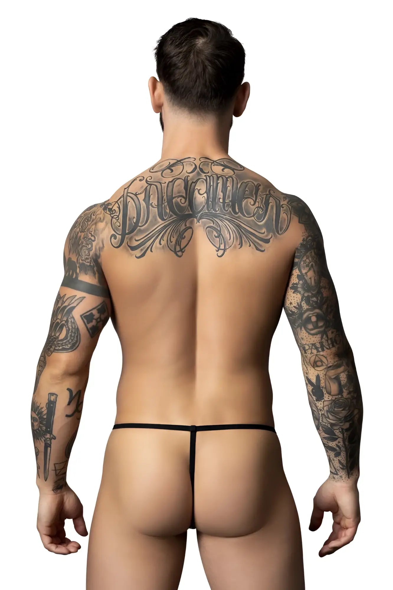 Male Power 450 301 Liquid Onyx 2 0 black g string with a thin minimalist design shown from the back side