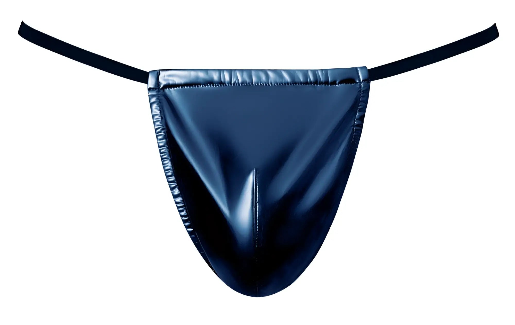 Male power 450-301 liquid onyx 2.0 blue patent leather thong with thin elastic straps visible from the back side