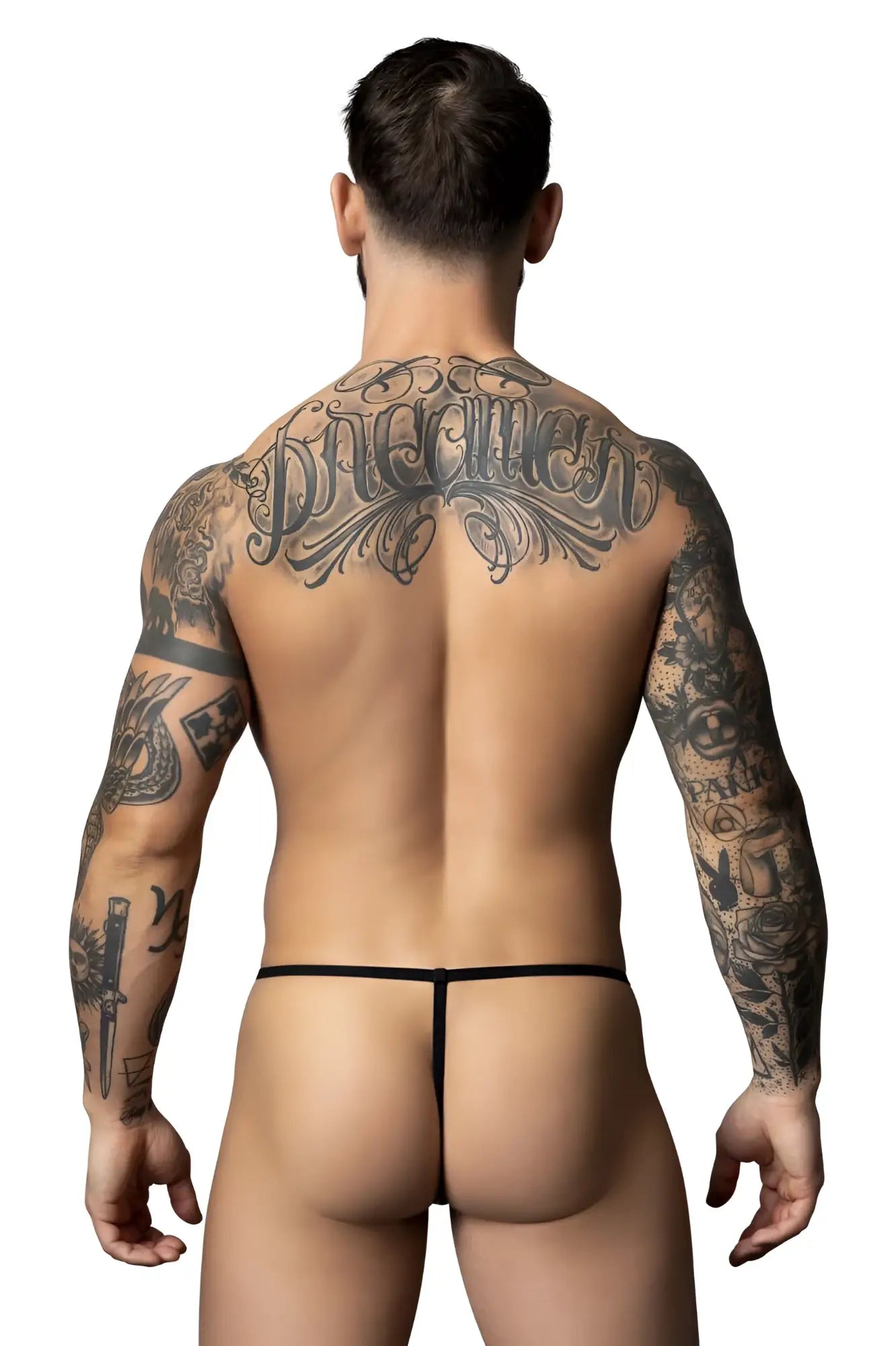 Male power 450-301 liquid onyx 2.0 blue g-string with thin minimalist design shown from the back side