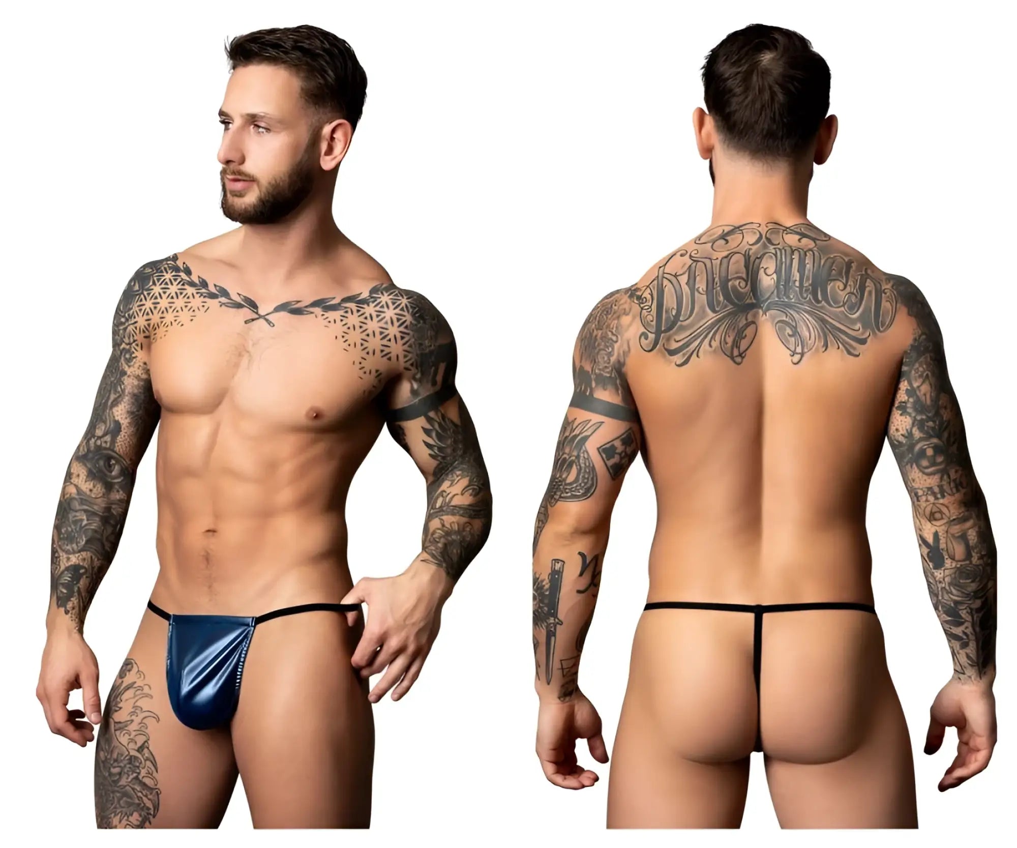 Blue metallic male power 450-301 liquid onyx 2.0 g-string thong with black trim visible from the back side