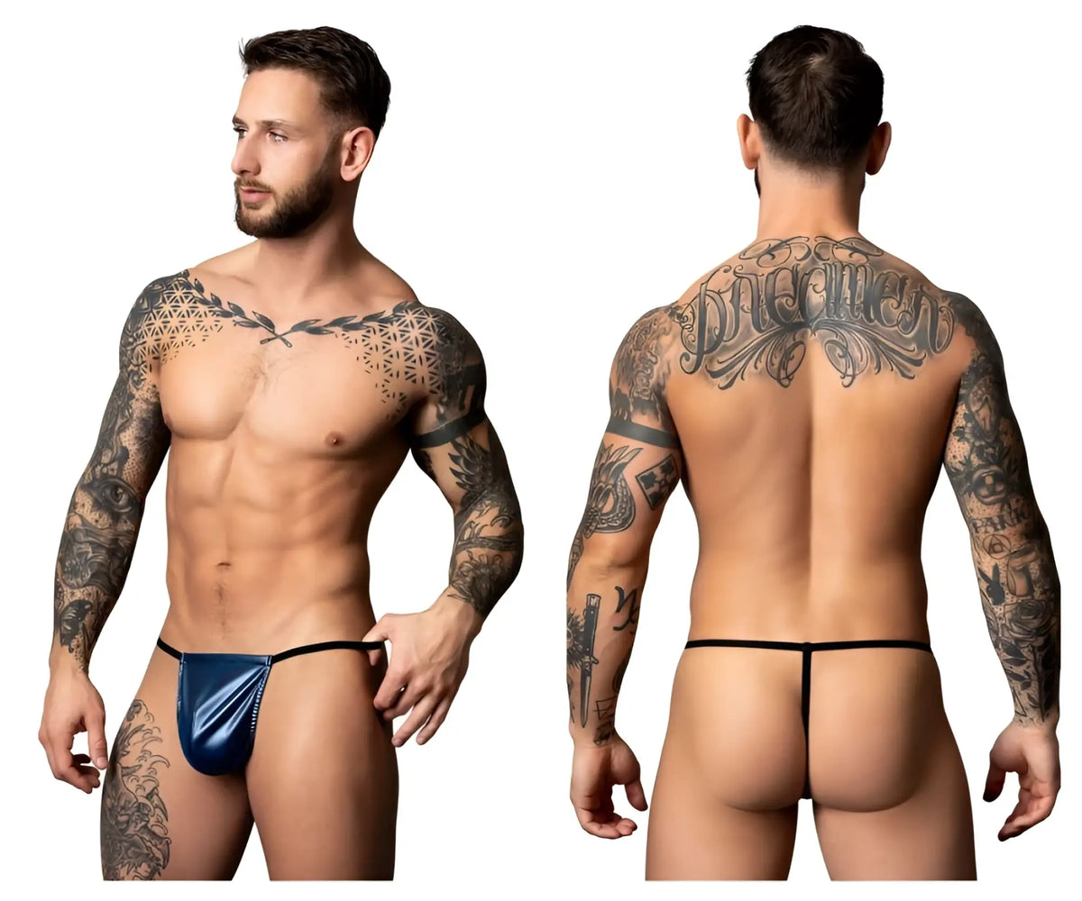 Blue metallic male power 450-301 liquid onyx 2.0 g-string thong with black trim visible from the back side