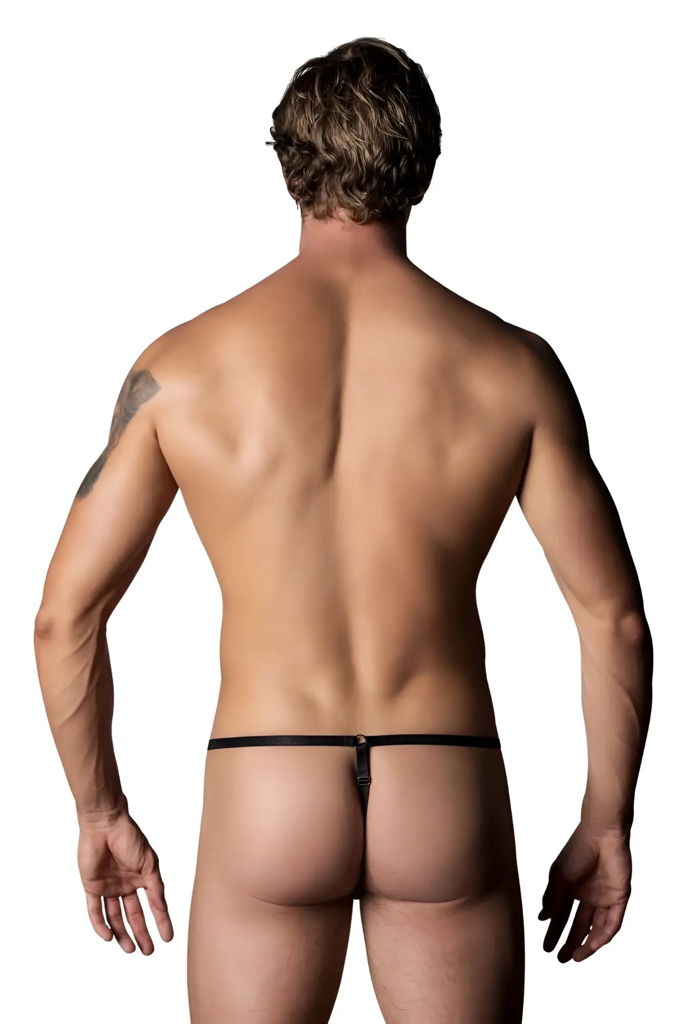 Back view of male power 451-295 go wild adjustable black thong with small metallic clasp and color printed design