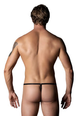 Back view of male power 451-295 go wild adjustable black thong with small metallic clasp and color printed design