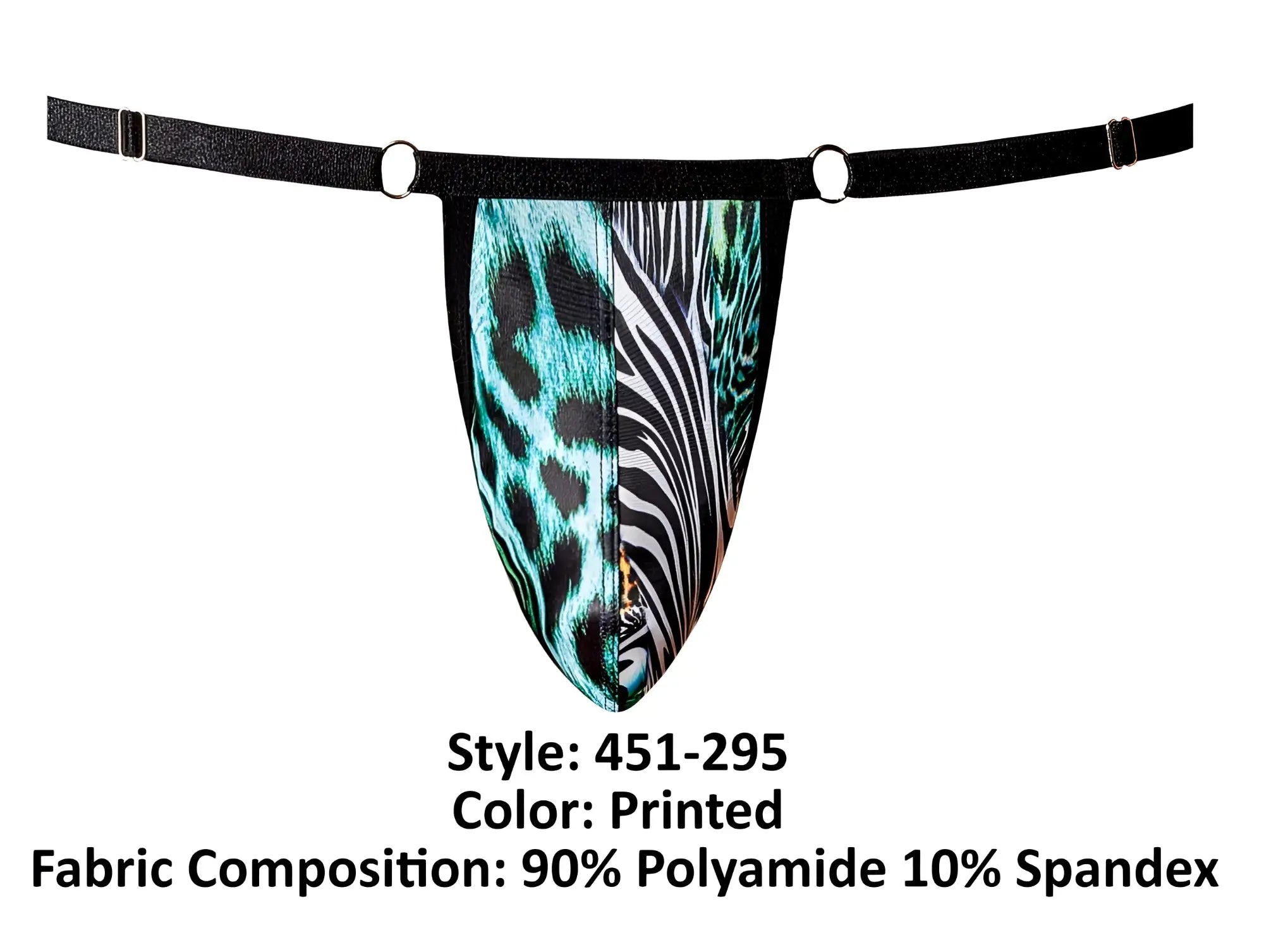 Male power 451-295 go wild adjustable g-string men’s thong with teal leopard and black white zebra split print held by black straps