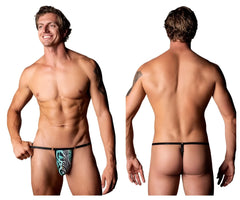 Male power 451-295 go wild adjustable g-string in teal and black pattern with thin elastic waistband front view