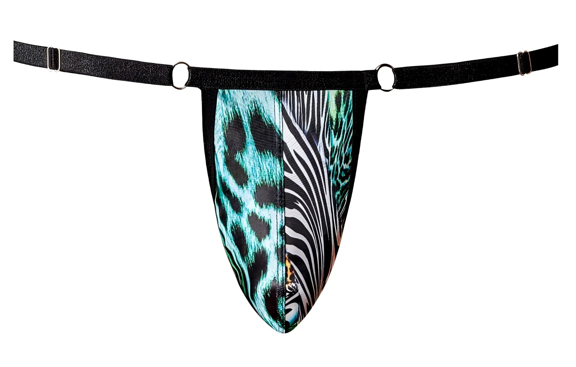 Teal and black leopard print zebra striped men’s thong with black elastic waistband from male power go wild g-string line