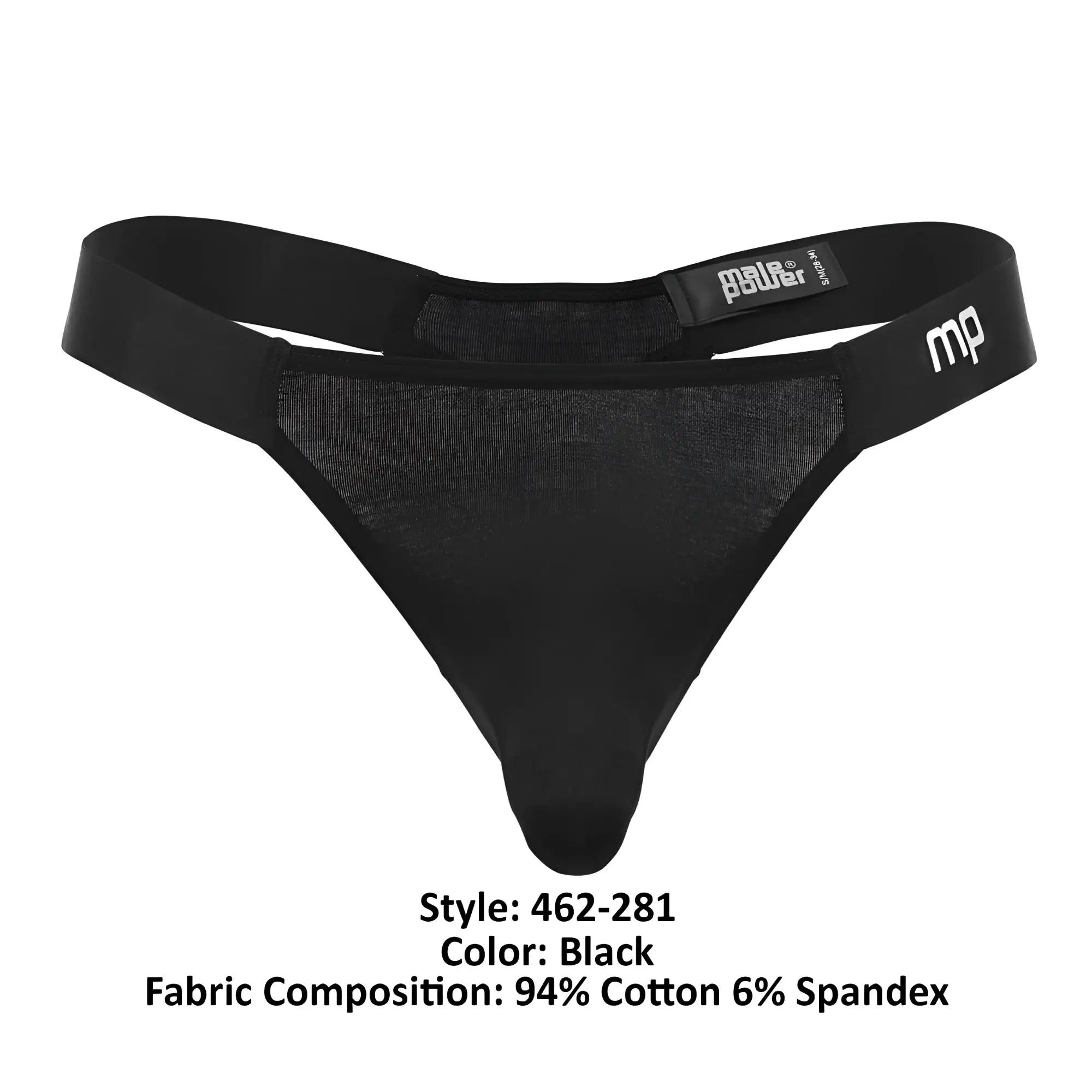 Black men’s thong with mesh panel elastic waistband and mp logo on side from male power 462-281 easy breezy line