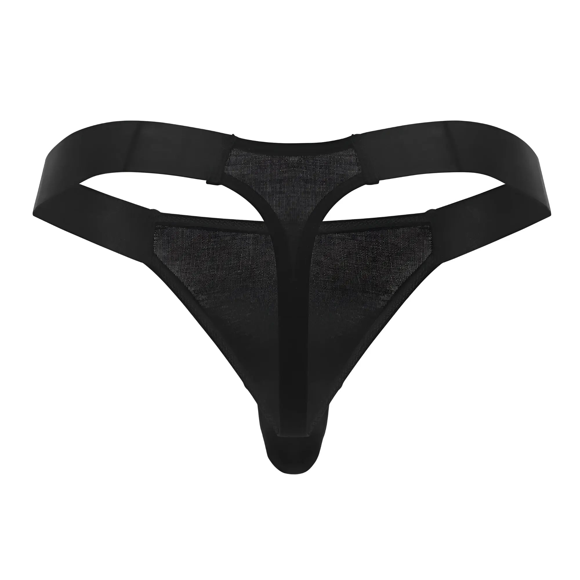 Black mesh male power easy breezy thong with solid elastic straps showing the back side of the product