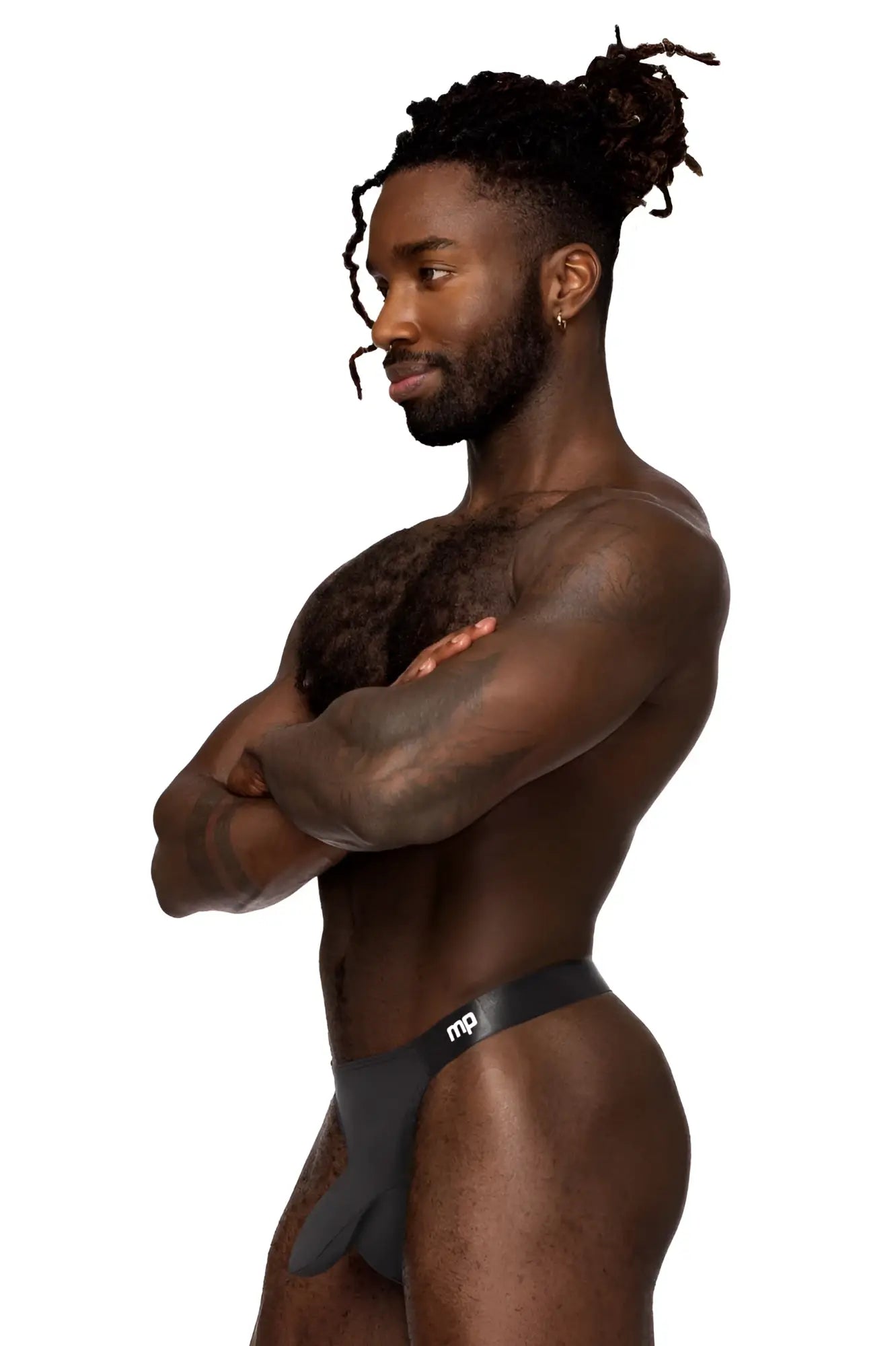 Male power 462-281 easy breezy black thong with a sleek minimalist design and thong sleeve style shown from the back