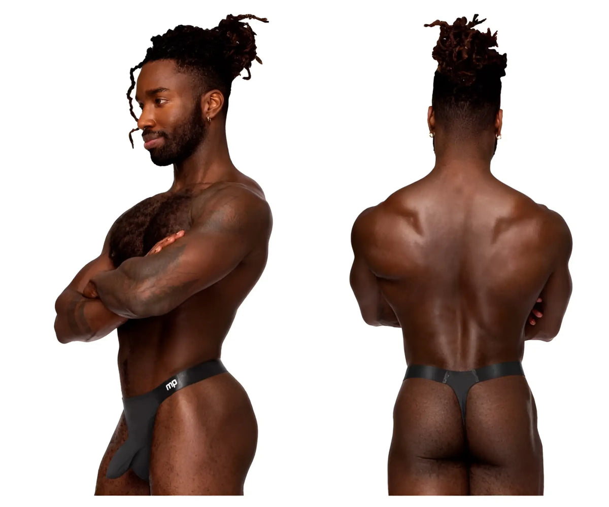 Black male power 462-281 easy breezy thong with a small white logo on the waistband showing the back side