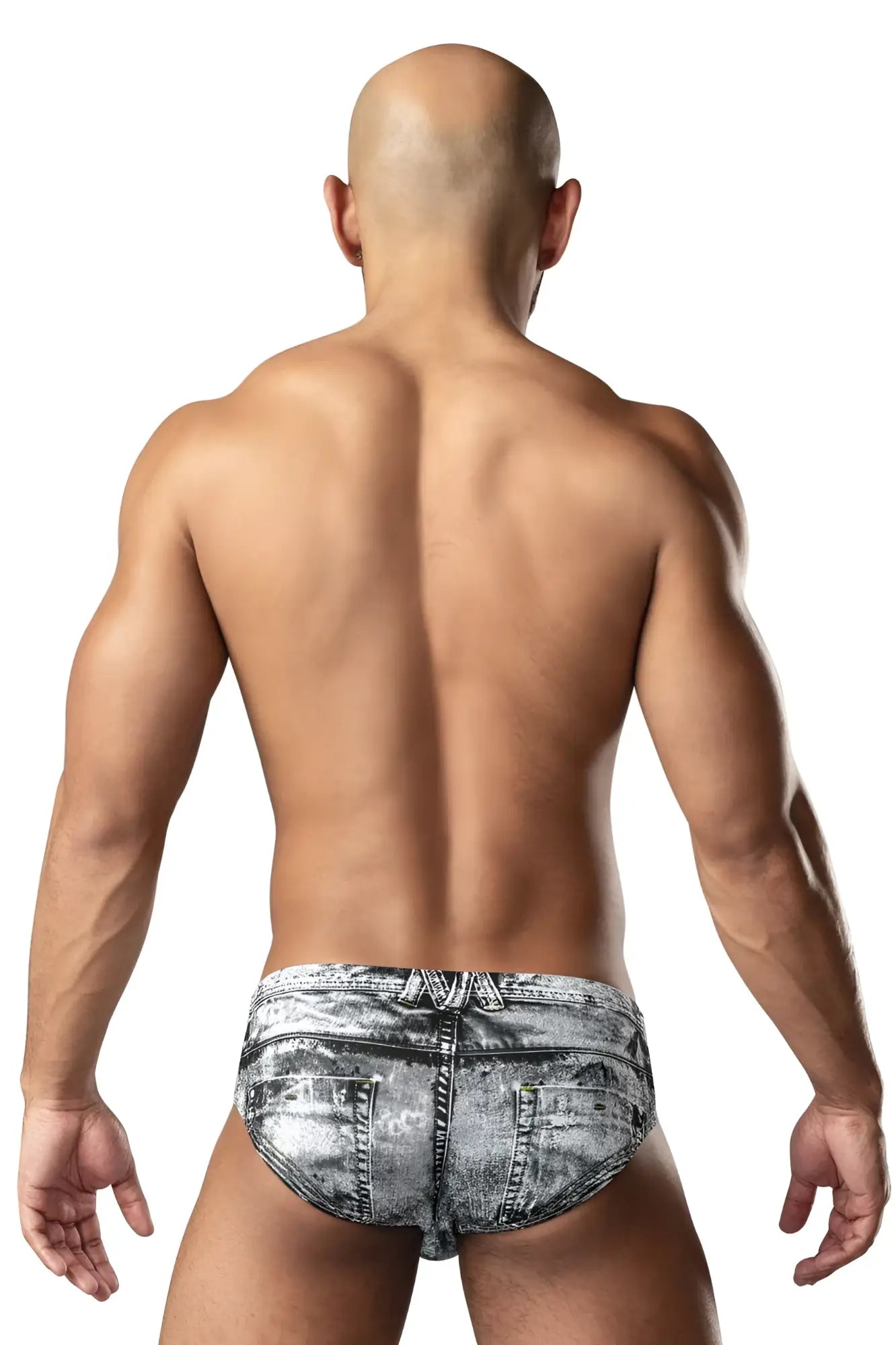 Distressed gray denim briefs male power 486-286 dirty denim bikini with denim print front view