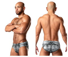 Gray and white distressed denim briefs with classic back pocket design shown from the back in male power 486-286 style