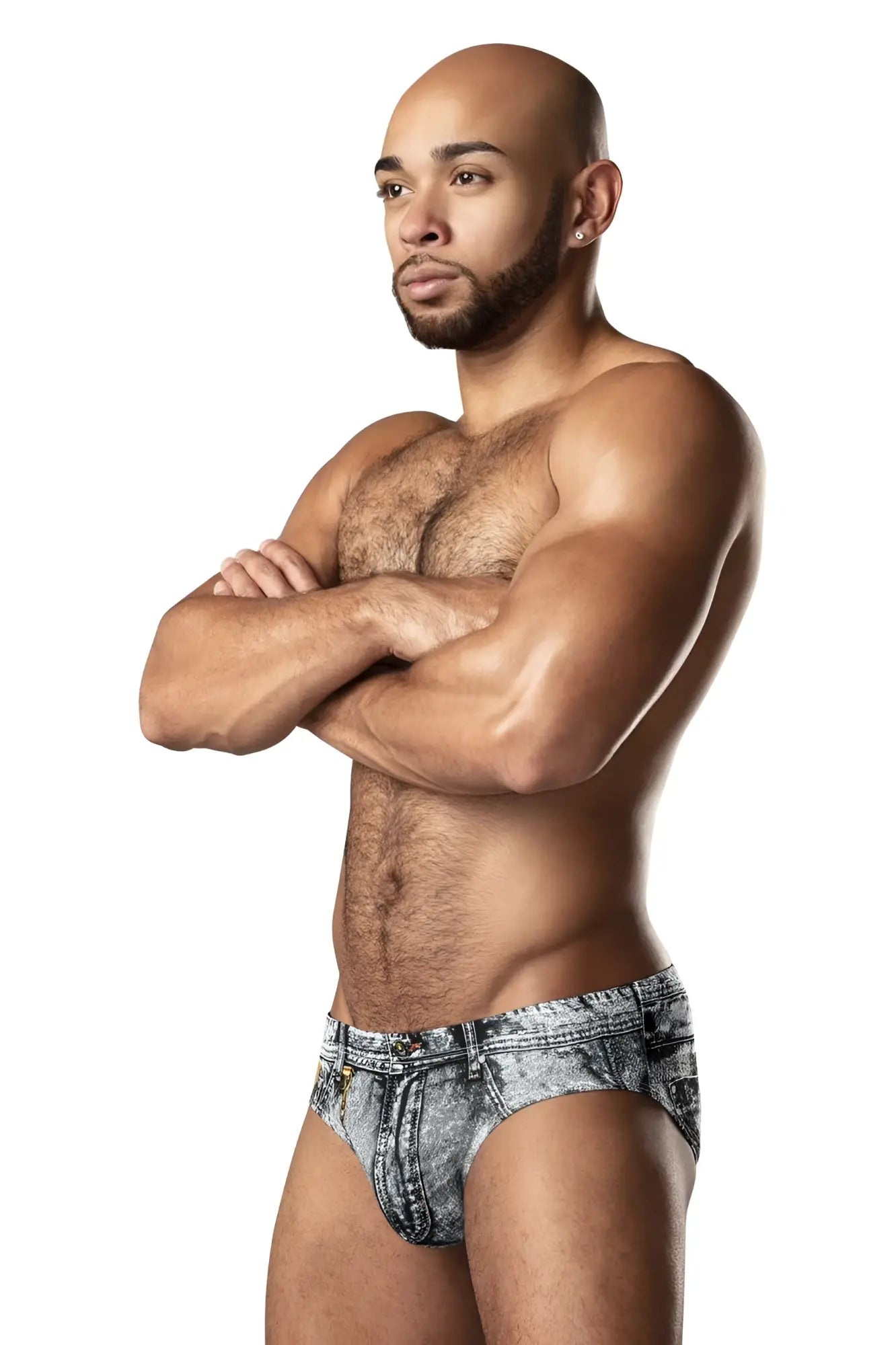 A pair of men’s denim-patterned briefs in faded gray and black wash with stitching and belt loops by male power