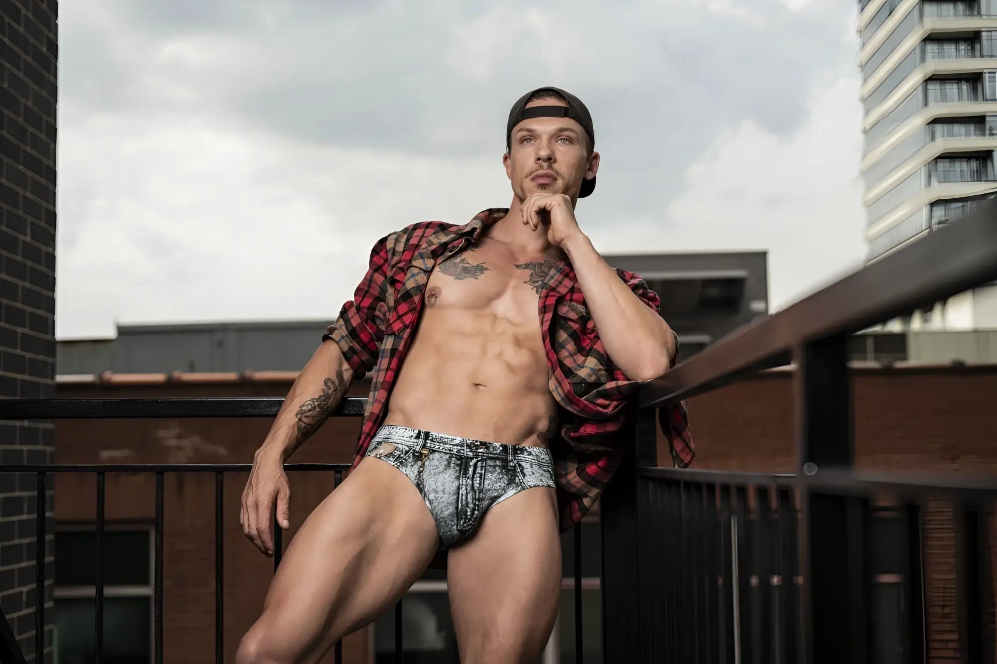 Male power 486-286 dirty denim bikini briefs in faded blue and white wash with subtle stitching details