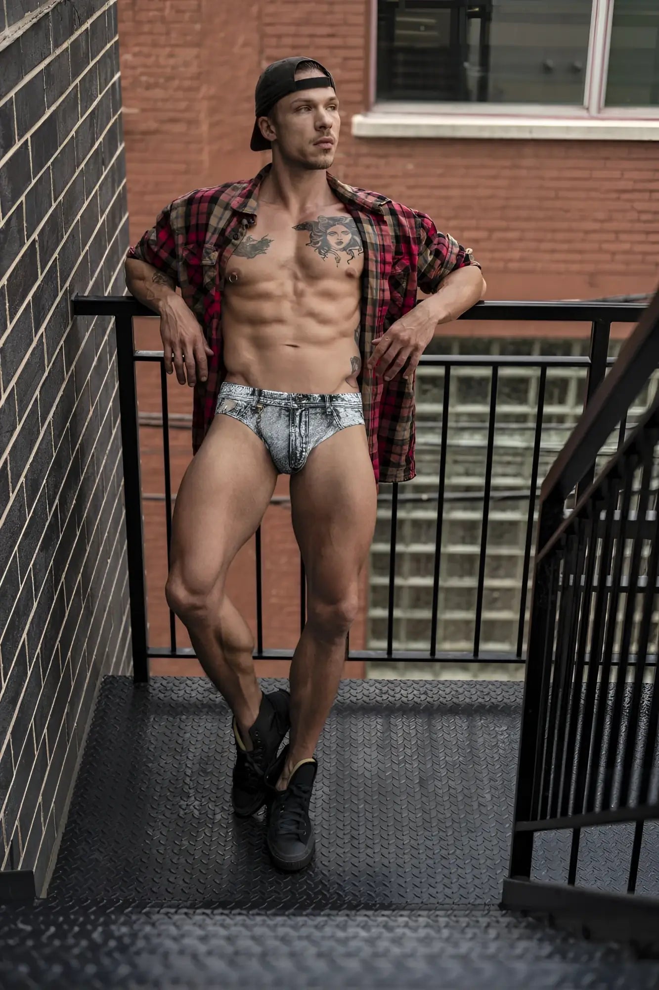 Male power 486-286 dirty denim bikini briefs in blue denim print with faded wash and subtle stitching details
