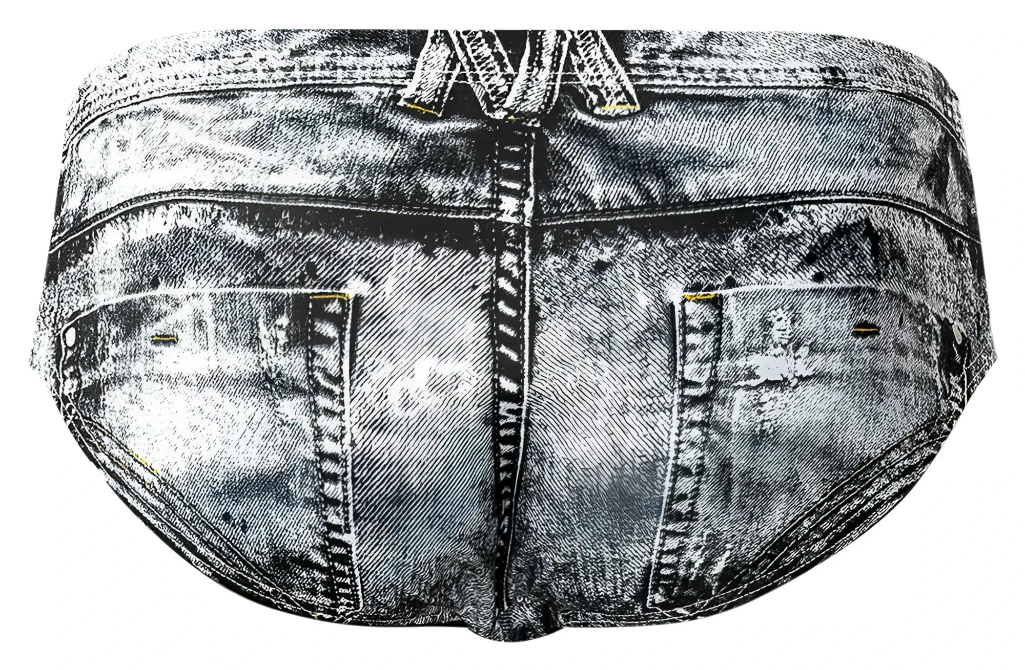 Denim-patterned male power 486-286 dirty denim bikini briefs with faded distressed look and visible stitching details