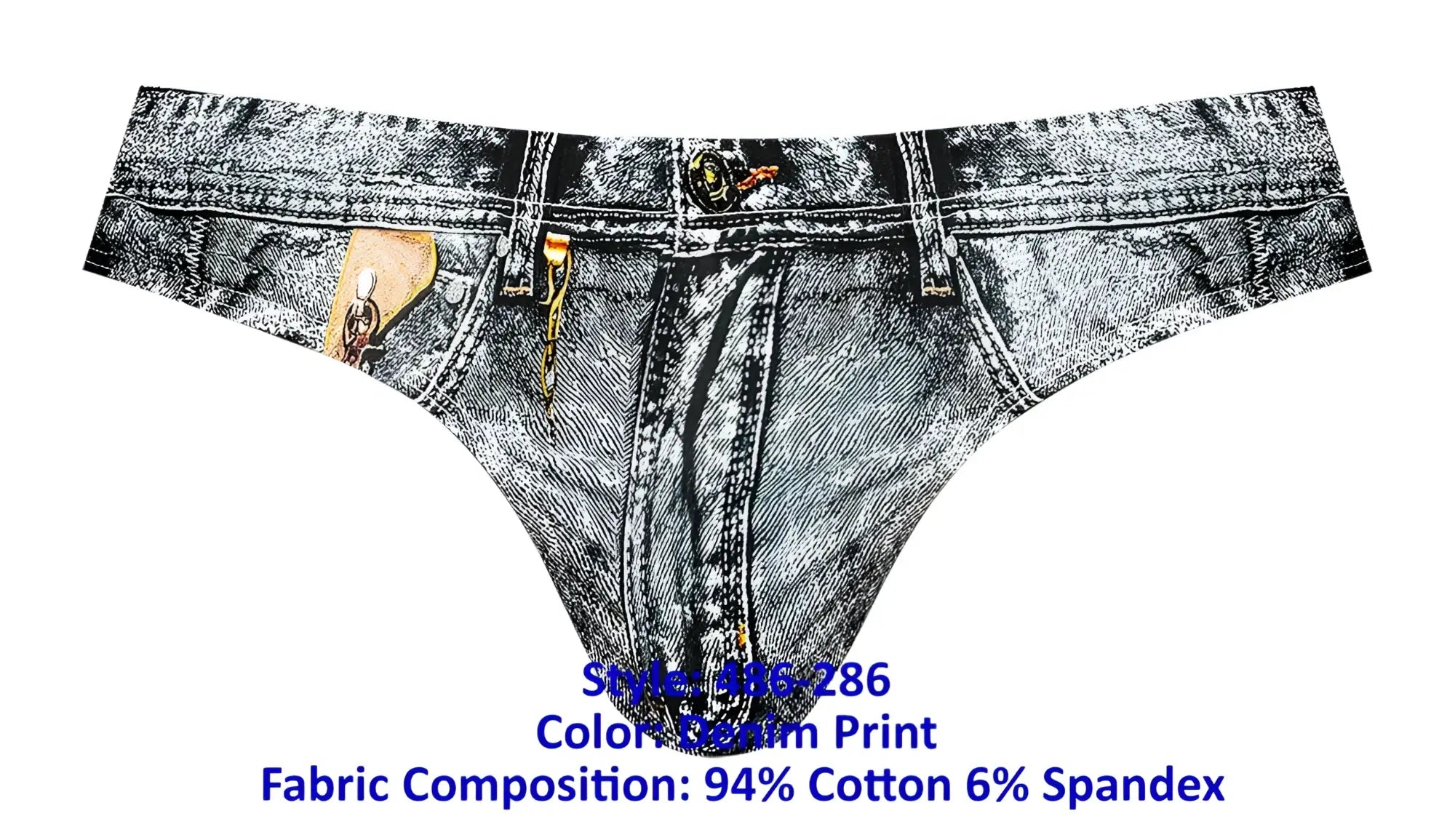 Male power 486-286 dirty denim bikini thong in faded blue denim print with detailed stitching and faux leather patches