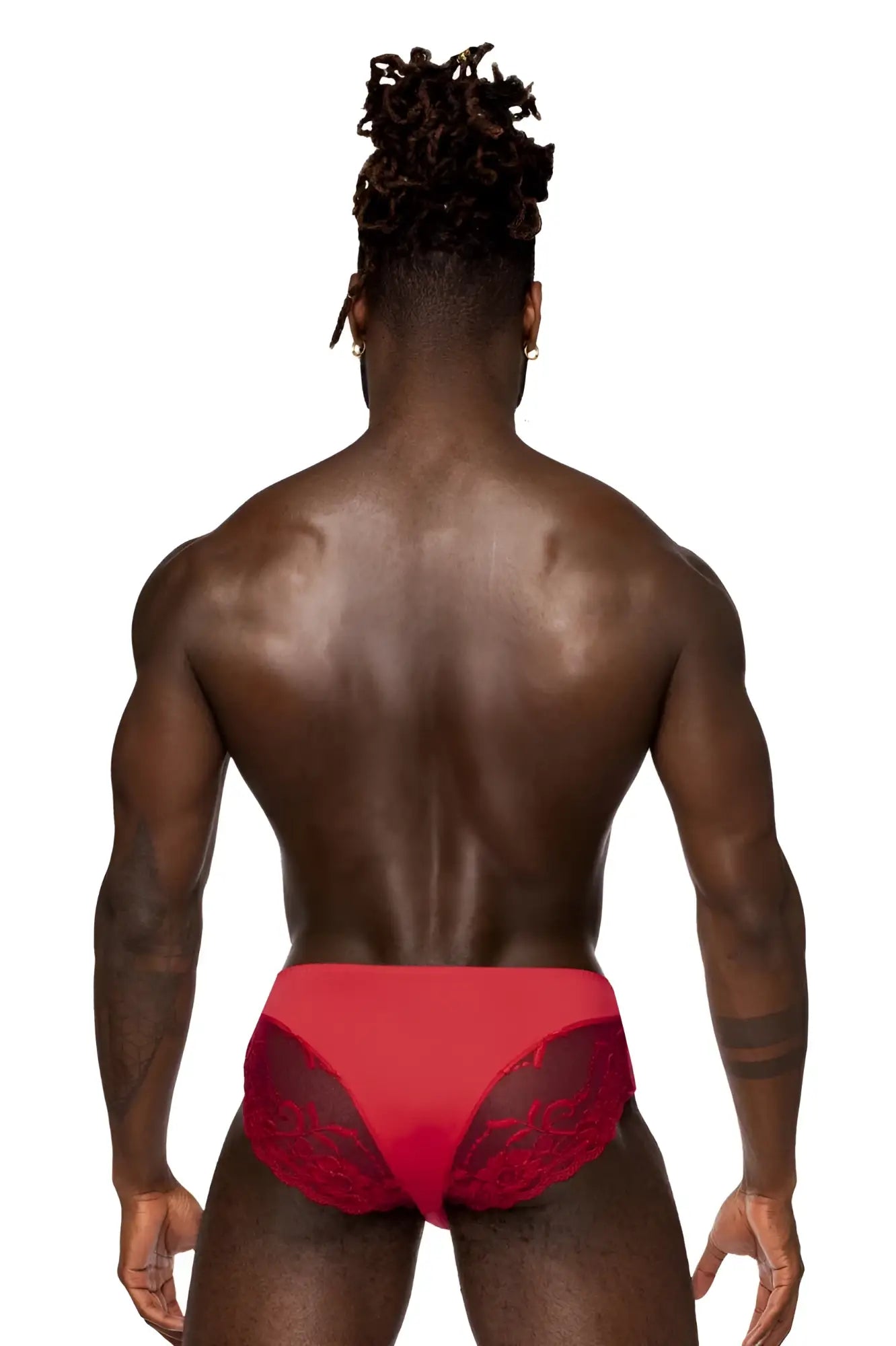 Male power 492-280 sassy lace bikini briefs in red with solid pouch and delicate lace trim