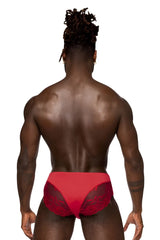 Male power 492-280 sassy lace bikini briefs in red with solid pouch and delicate lace trim