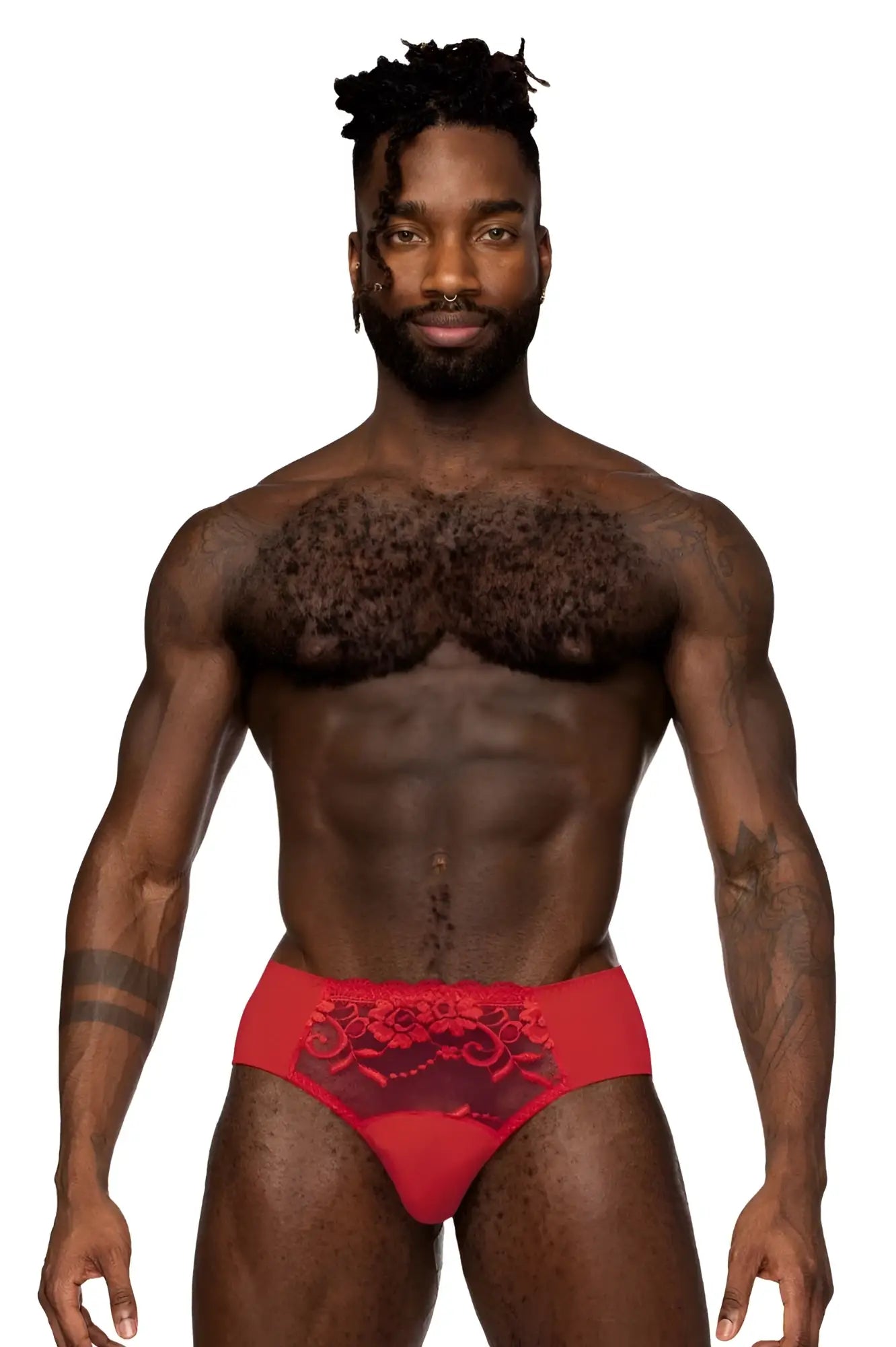 Male power red sassy lace bikini briefs with lace trim sheer mesh panel and floral embroidery on front