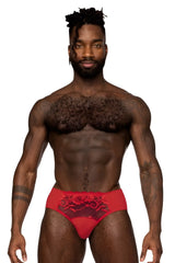Male power red sassy lace bikini briefs with lace trim sheer mesh panel and floral embroidery on front