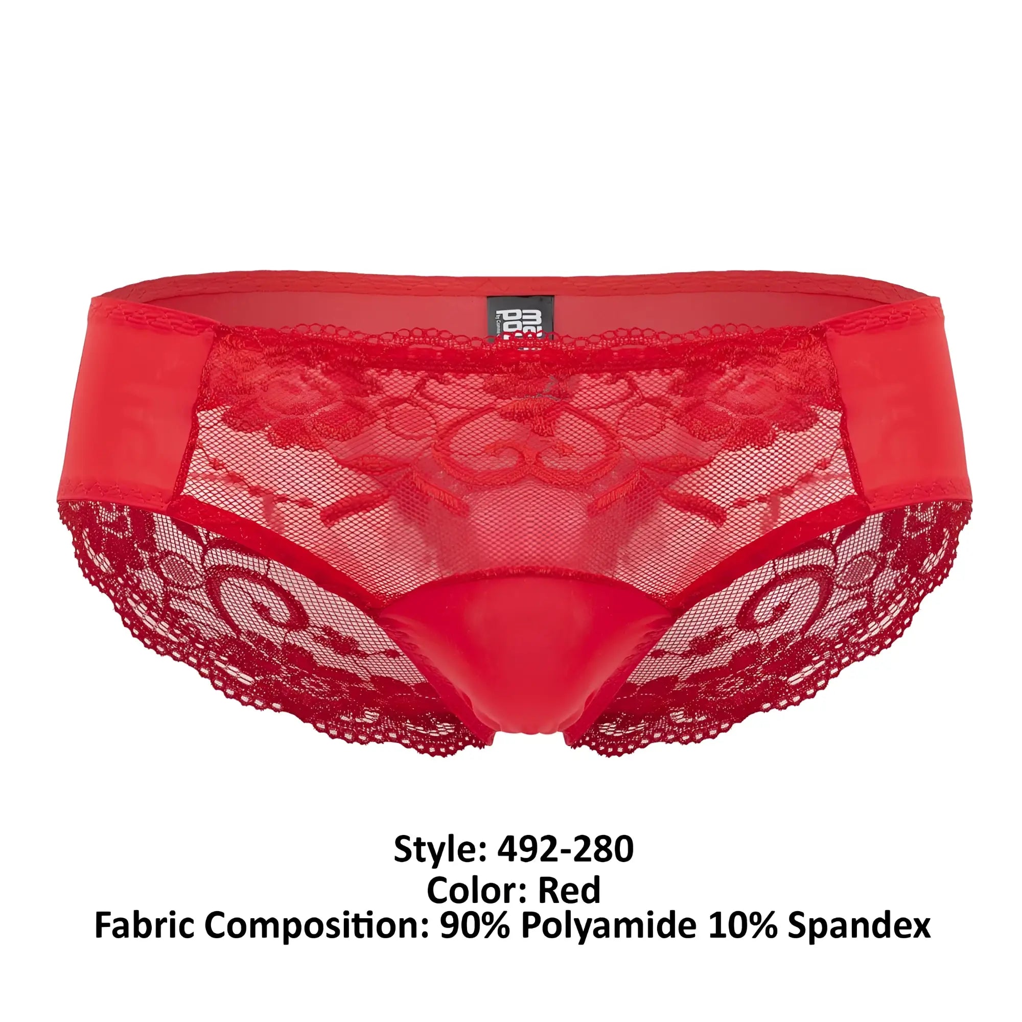 Male Power 492-280 sassy lace bikini briefs in red with lace trim, sheer mesh panel, and satin-like side panels