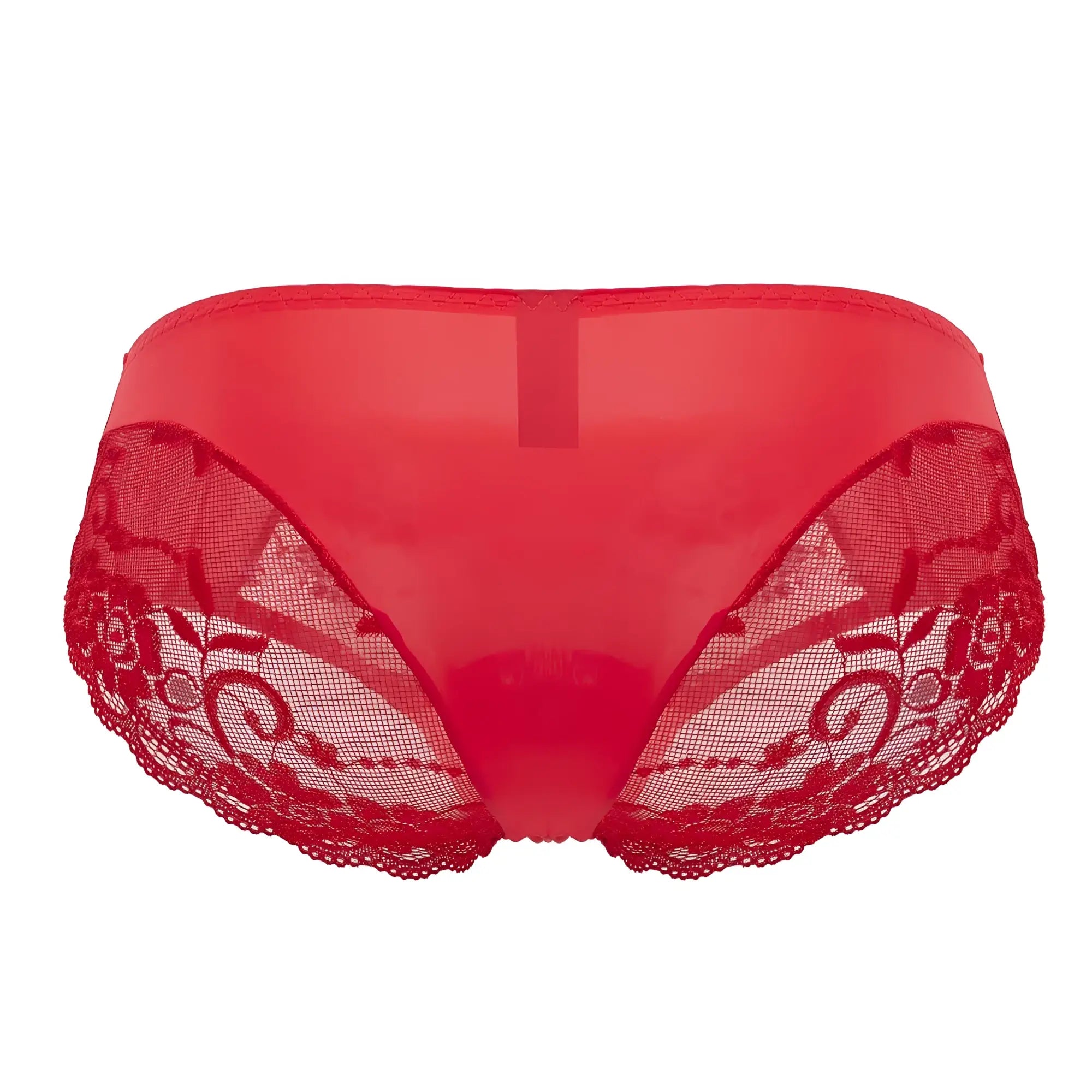 Red lace-trimmed briefs with sheer satin-like fabric and floral embroidery from male power sassy lace bikini series