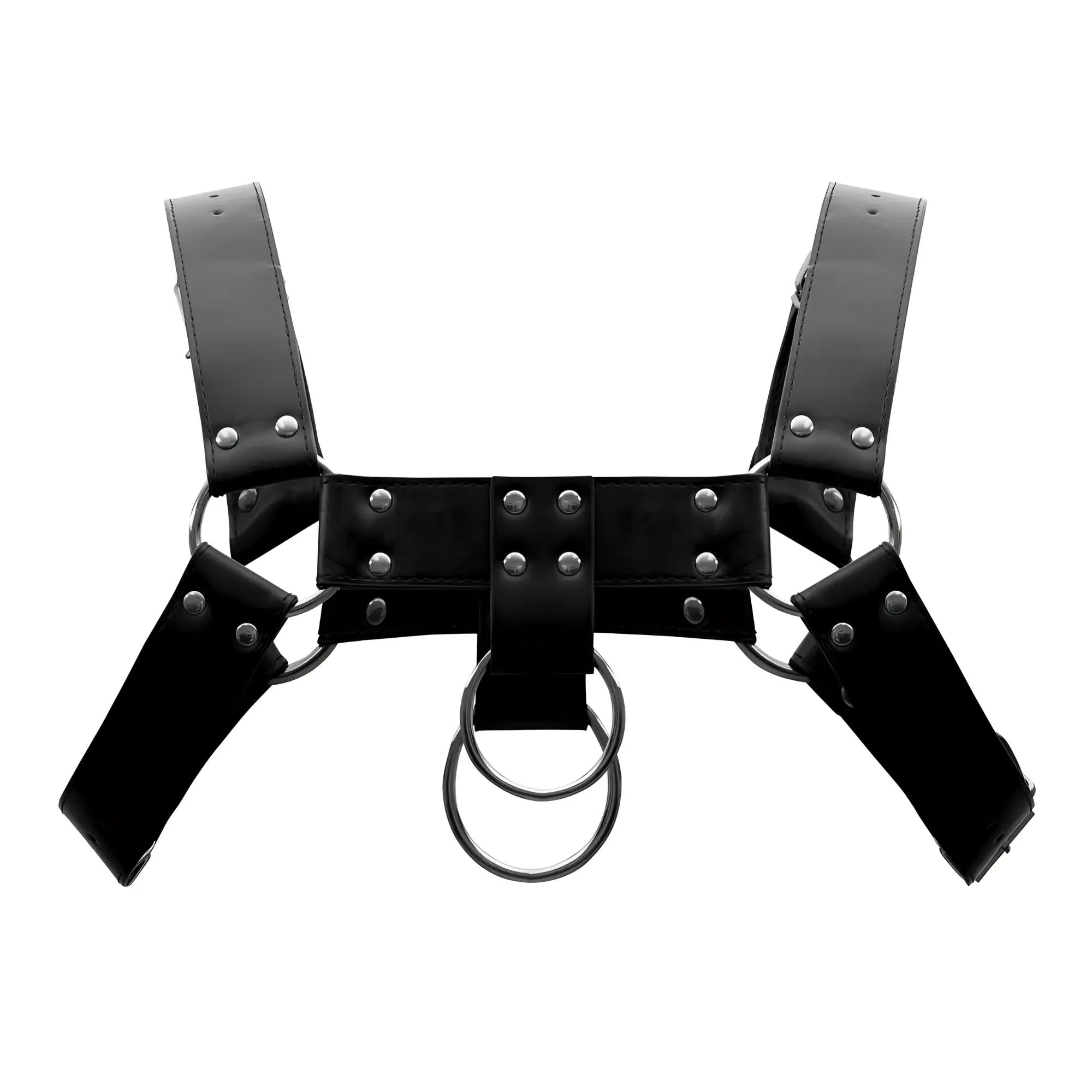 Male power 590-266 black faux leather harness with silver metal rings and studs for men