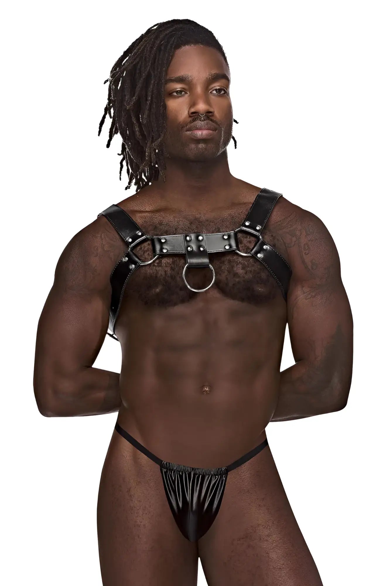 Black leather male power aries harness with metal rings and studs designed for a bold statement look