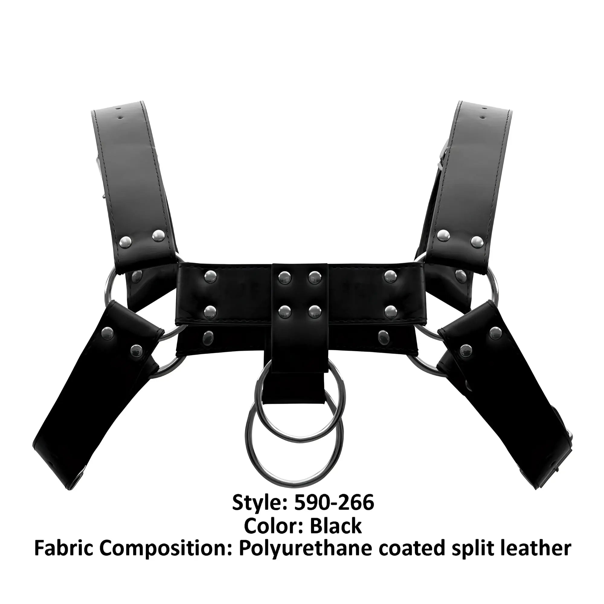 Male power 590-266 black leather aries harness with polyurethane coating and silver metal rings and studs