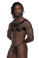 Male power 590-266 black leather aries harness with silver studs and central ring paired with black latex thong