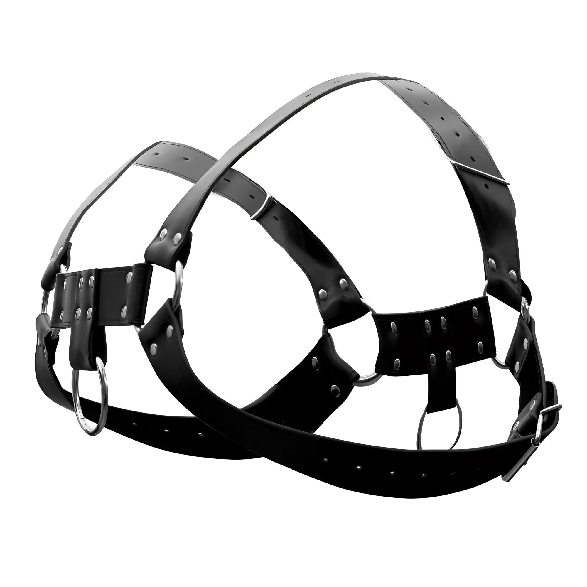 Male power 590-266 leather aries harness in black with silver metal rings and studs designed for men