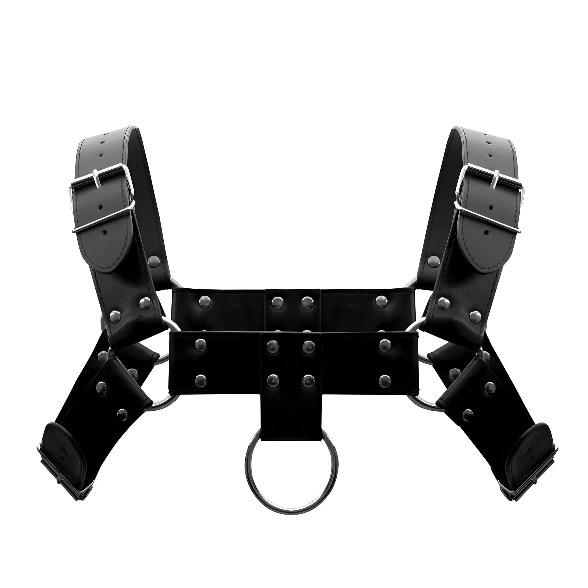 Black leather harness by male power with silver metal buckles studs and central ring in color black